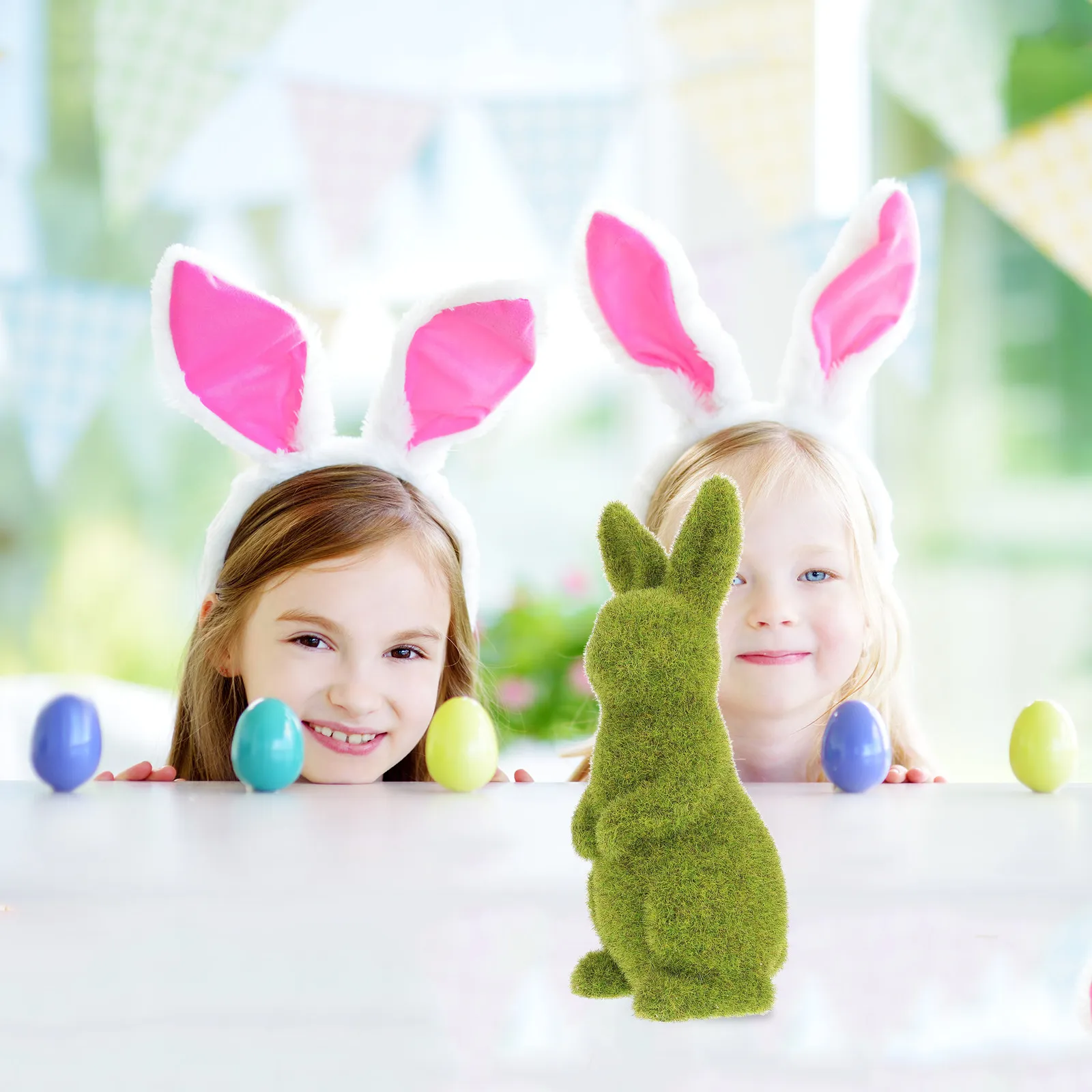 Easter Rabbit Statue Moss Bunny Decoration Flocked Natural Resin for Table Desk Shelf Garden Yard Easter Atmosphere Decor