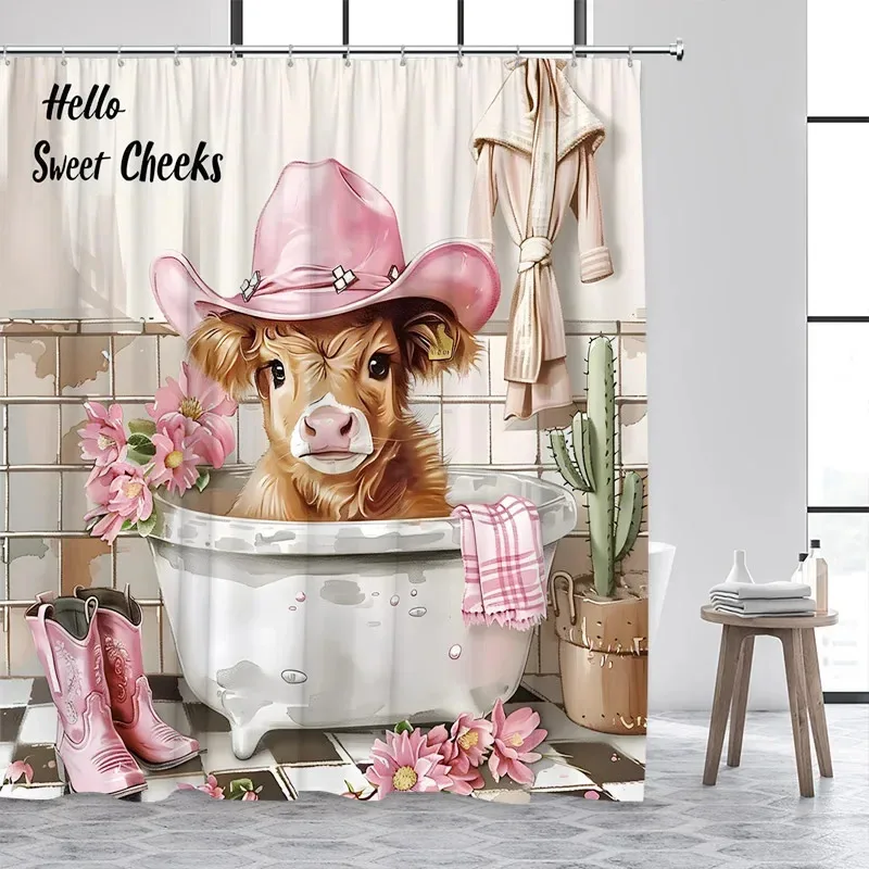 

JHB23Bathing Highland Cattle Shower Curtains Funny Farm Animal Cactus Plant Pink Bath Curtain Set Polyester Bathroom Decor w9Kj(
