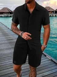 Männer 2 Stück Sets Sommer 3D-Druck lässig einfarbig Streifen Anzug Hemd Strand Knopf Shorts Streetwear Shirt Urlaub zweiteiligen Anzug