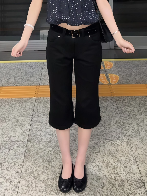 American Retro Low Waist Early Seven-Quarter Black Capri Pants Women Summer Millennium Hot Girl Slimming Micro Flared Medium-...