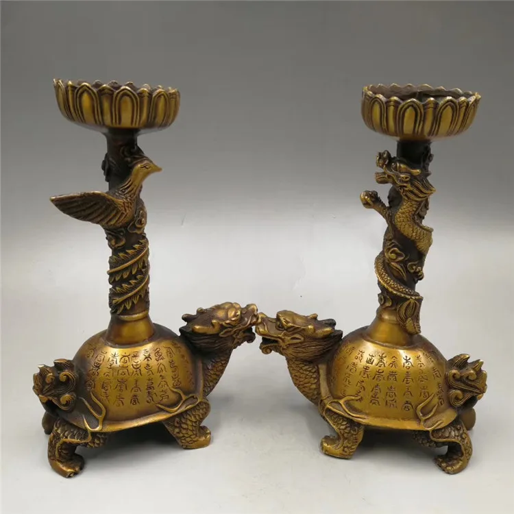 

Handicraft brass candlestick a pair of Dragon Tortoise Dragon Phoenix Candlestick Buddhist products household ornaments