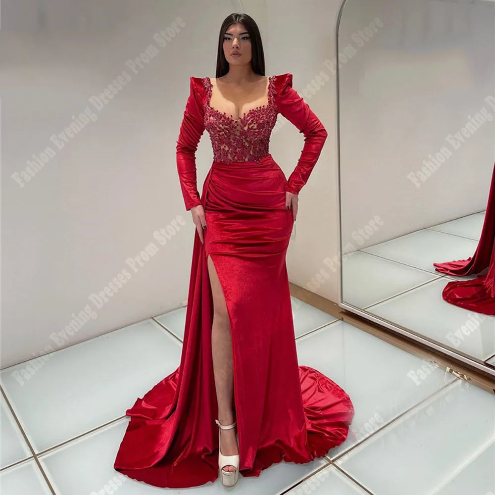 

2024 Mermaid Women Evening Dresses Formal Sexy Side High Slit Prom Gowns Of School Shining Satin Mopping Length Princess Robes