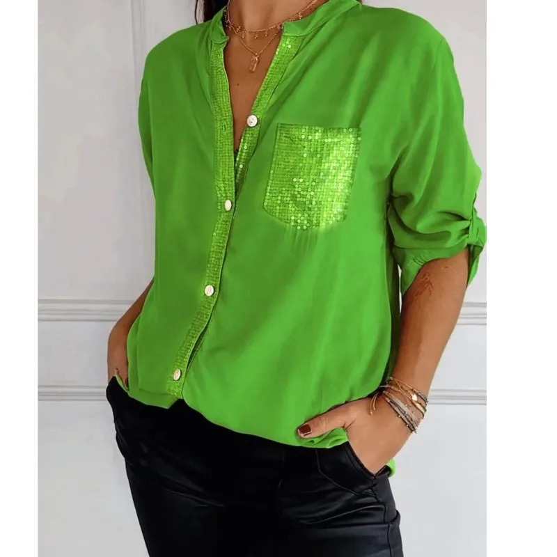 

Women Casual Sequin Beaded Shirts Long Sleeve Vintage Shirt Spring Summer Fashion Turn-down Collar Button Blouse Geometric Tops