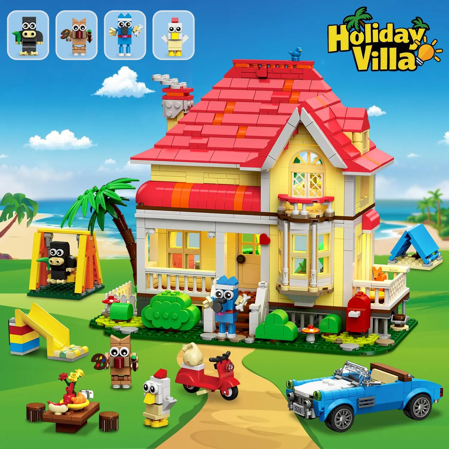 

HOGOKIDS Girls House Building Set with LED–Fairy-Tale Villa Block Toy with Car Slide Swing & 4 Cute Animals Kit Gift for Kids6+