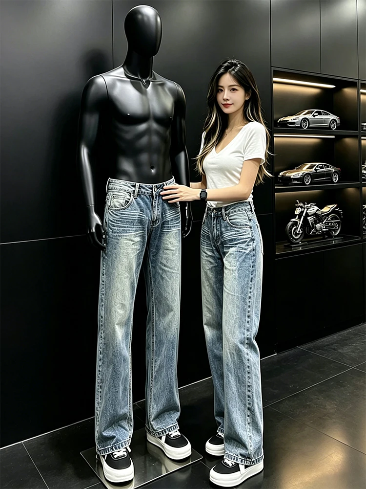 

Blue Washed Design Slim Fit Men's Jeans High Street Style Vibe Straight Leg Long Trousers Summer Casual Denim Pants