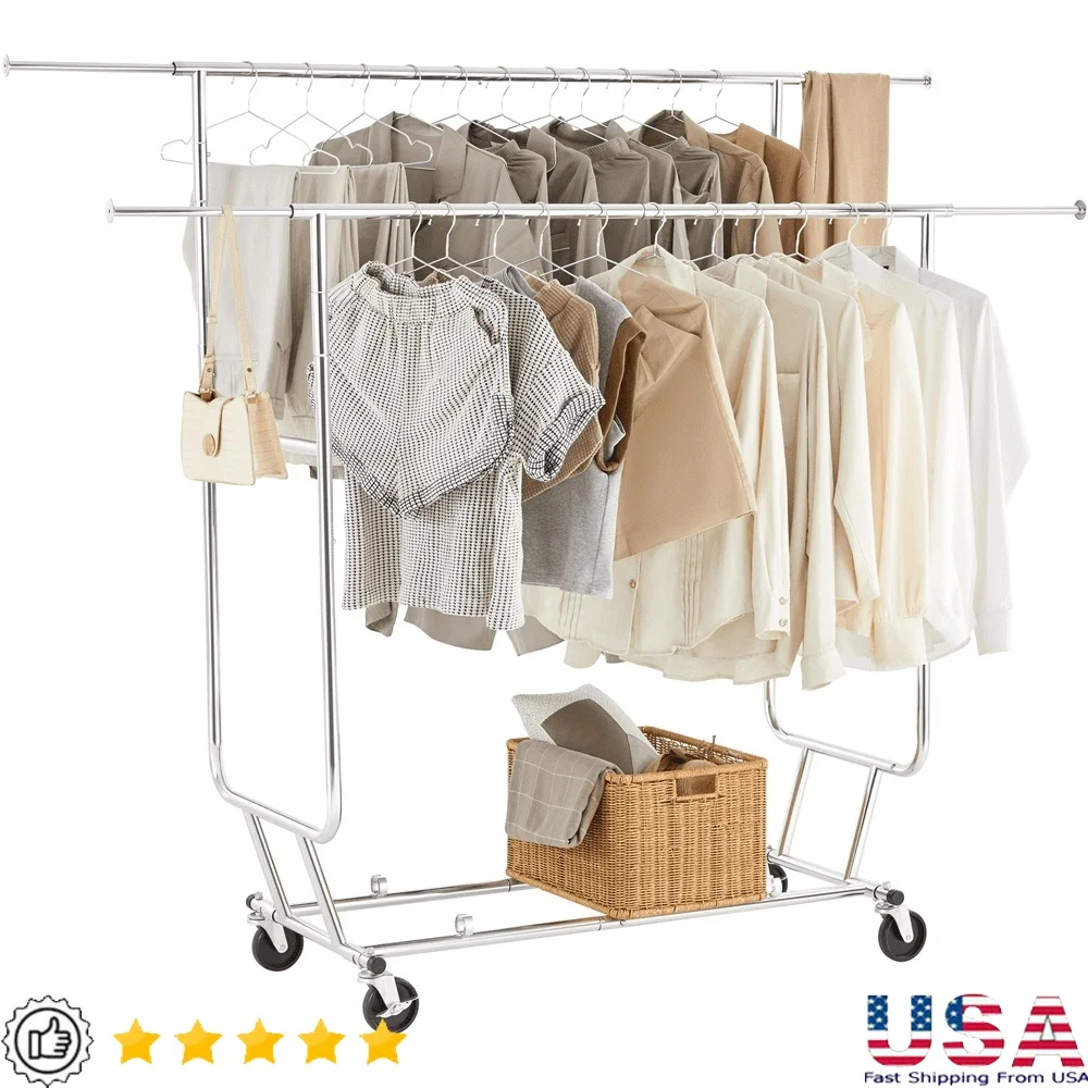 

Adjustable Rolling Garment Rack Metal with Swivel Wheels Collapsible Structure Heavy Duty Clothes Storage Ideal Dorm Room or