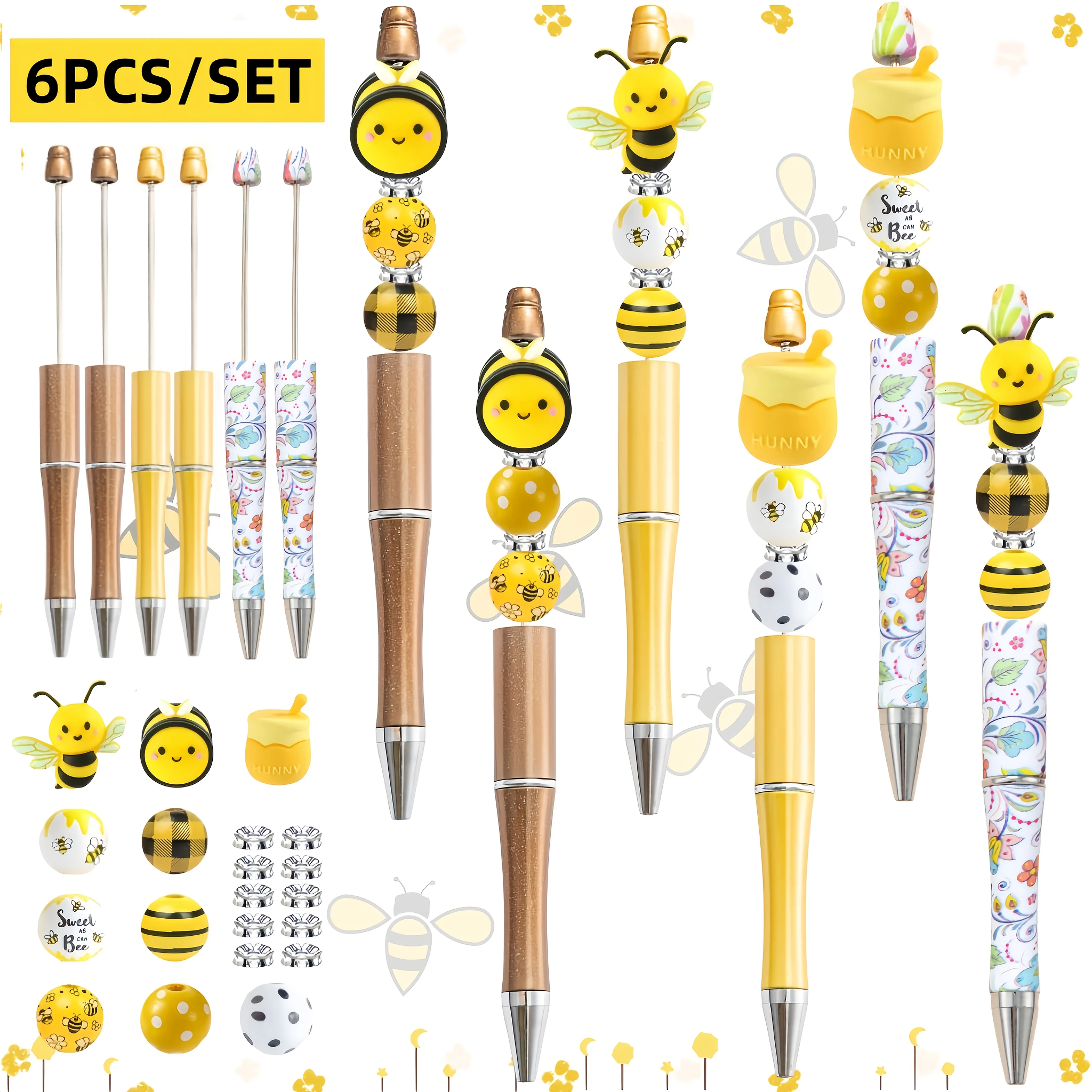 

6PCS Spring And Summer Bee Honey Pot Themed DIY Bead Ballpoint Pen And 3D Silicone Bead Wood Bead Set , Office &School Supply