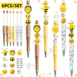 6PCS Spring And Summer Bee Honey Pot Themed DIY Bead Ballpoint Pen And 3D Silicone Bead Wood Bead Set , Office &School Supply