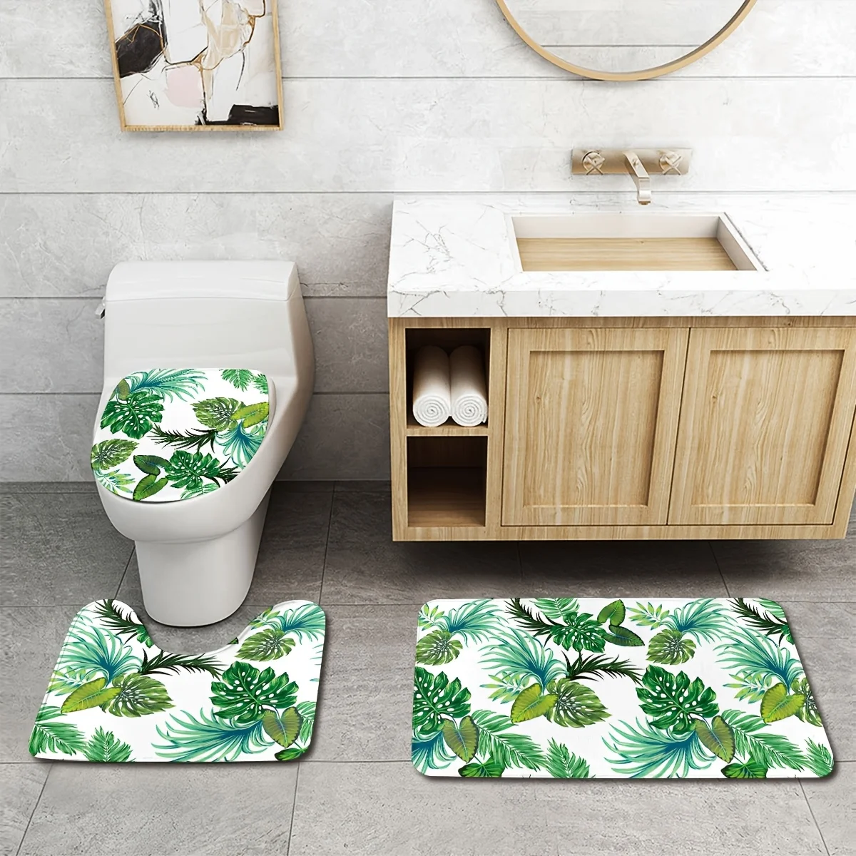 

Набор ковриков для ванной комнаты из 3 предметов с узором тропических листьев — нескользящий, можно стирать в машине, включает напольный коврик, коврик для унитаза, U-образный коврик.