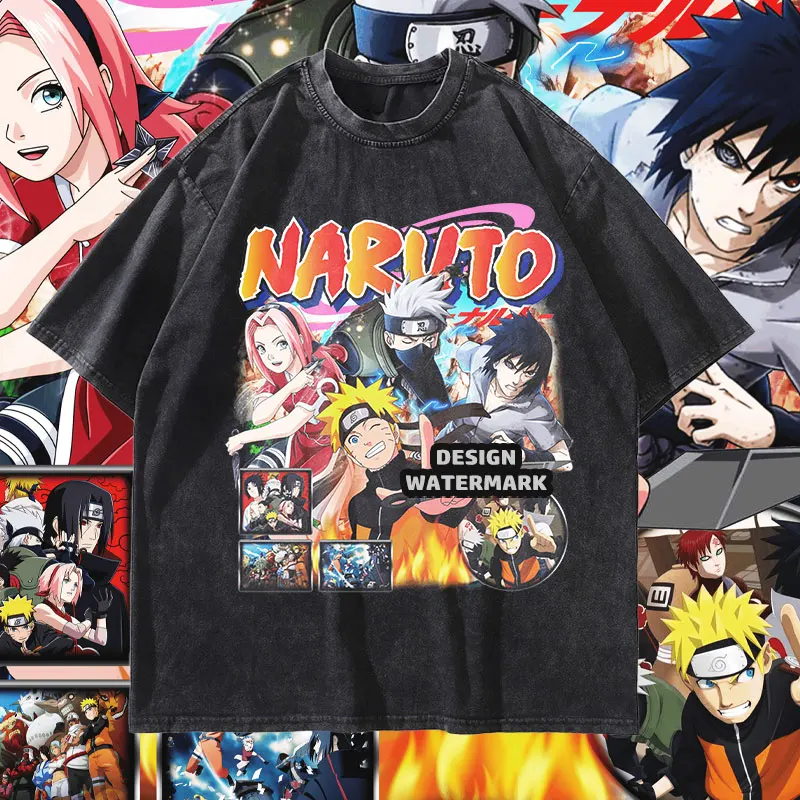 

Футболки с аниме N-Naruto, винтажная мытая футболка Саске Какаши Джирайя, уличная одежда большого размера, топы с болями манги, мужские футболки из 100% хлопка