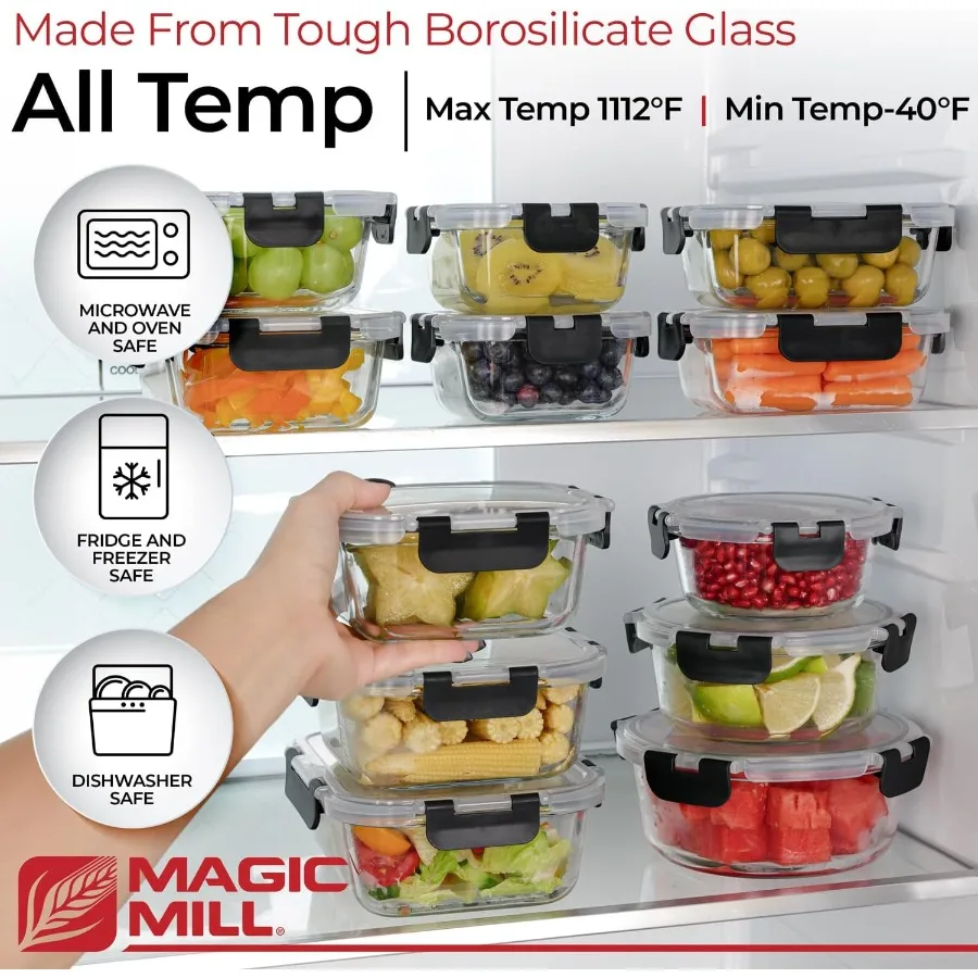 Magic Mill Glass Storage Containers with lids Set | Ultimate 24pc Set with BPA-Free Airtight Locking Lids for Lunch Food Storag