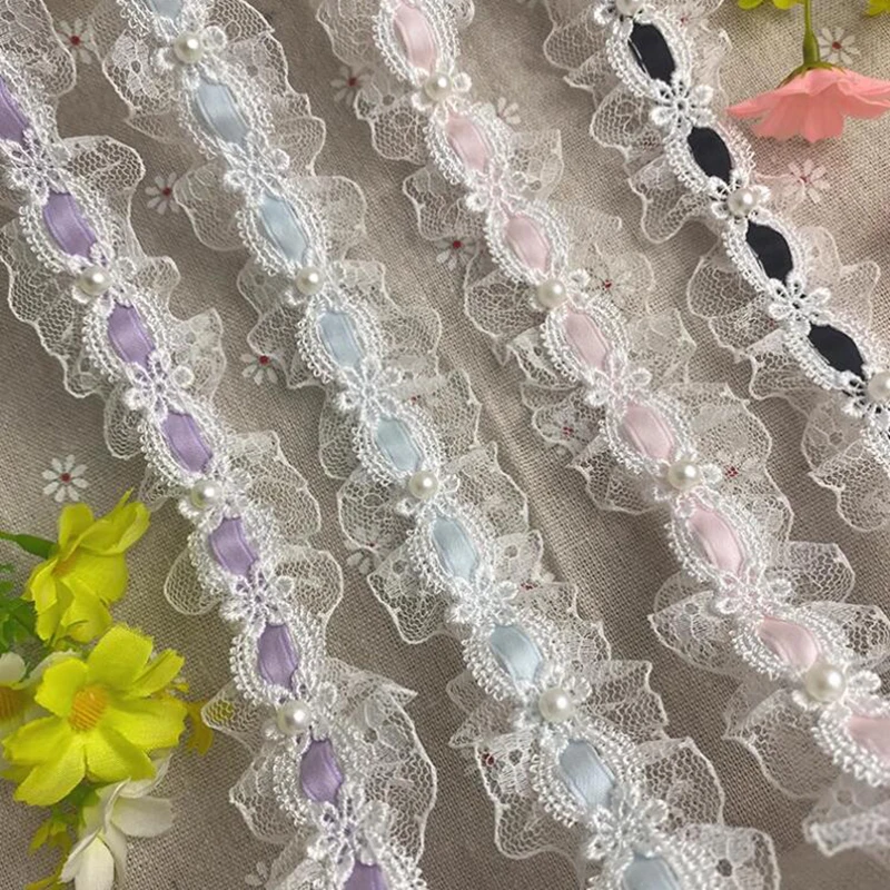 1 Yard Lolita lace Lvory Bead Ruffled Lace Fabric Edging Satin Ribbon DIY Clothing Curtains Furniture Decorations 3.5cm Wide