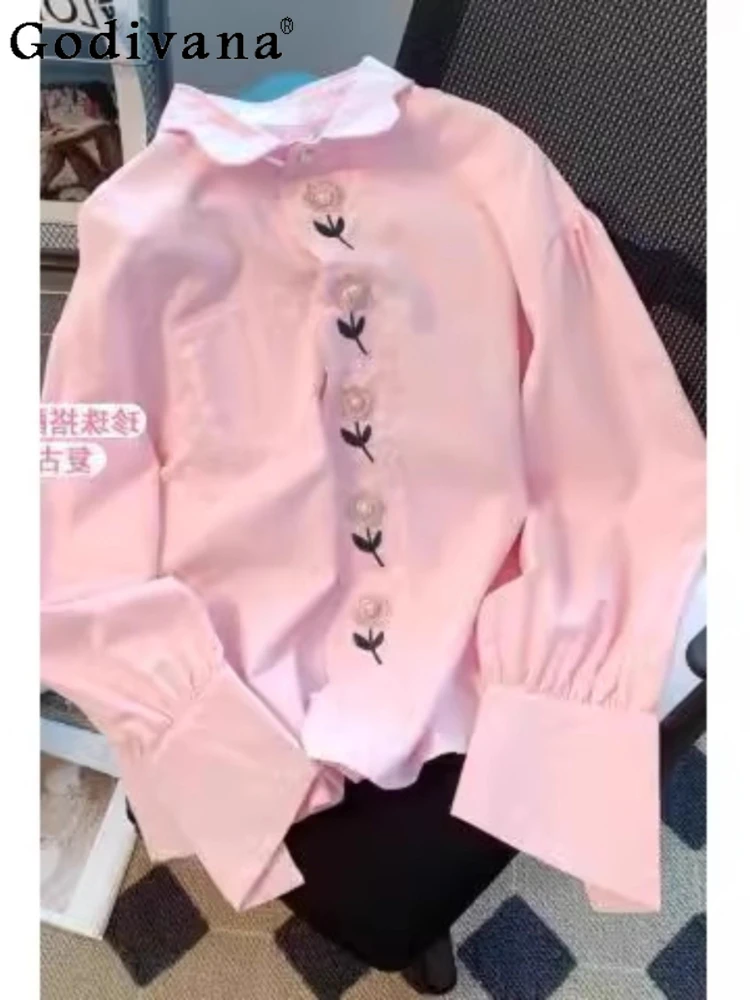 

Large Size L-4XL Sweet Flower Embroidered Girl Spring Autumn Korean Shirt Pink Loose Turn-down Collar Versatile Long Sleeve Top