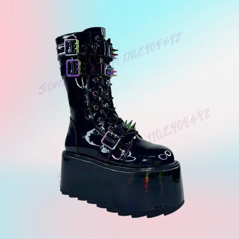 

Black Rivet Decor Platform Mid Calf Boots Round Toe Shoes for Women Patent Leather Punk Style Shoes 2025 Zapatos Para Mujere