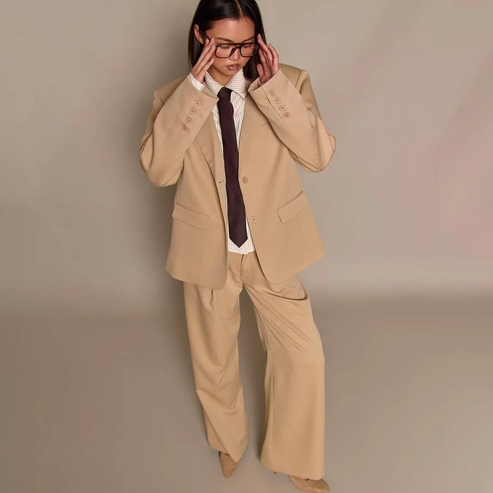 Women Light Khaki Oversized Suit Single Breasted Modern Jacket Wide Leg Pants Set Elegant Office Formal Evening Party Outfit