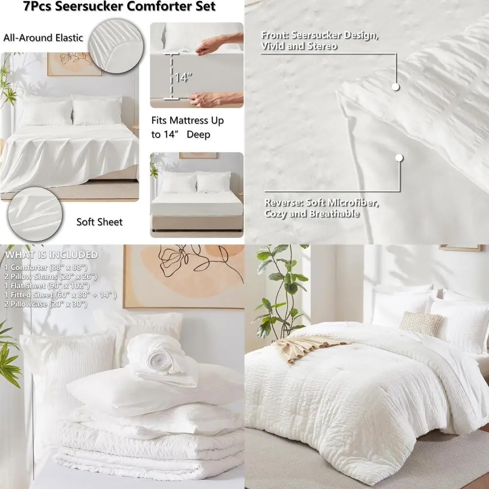

Luxury 7-Piece White Seersucker Queen Bedding Set: Comforter, Sheets, Pillowcases & Shams for Year-Round Comfort