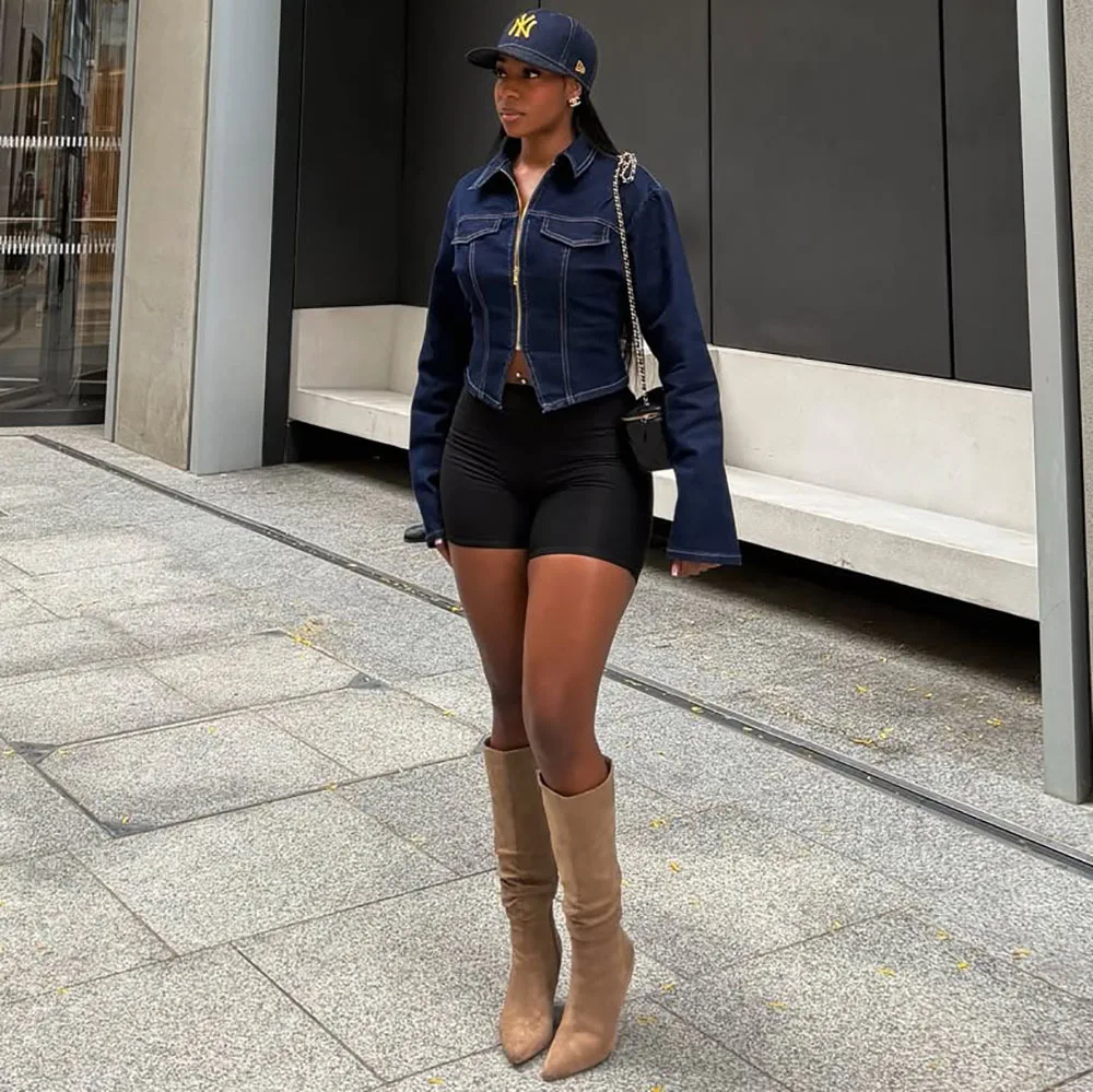Women's Casual Denim Jacket Street Fashion Lapel Long Sleeved Short Jacket for Trendy Urban Wear