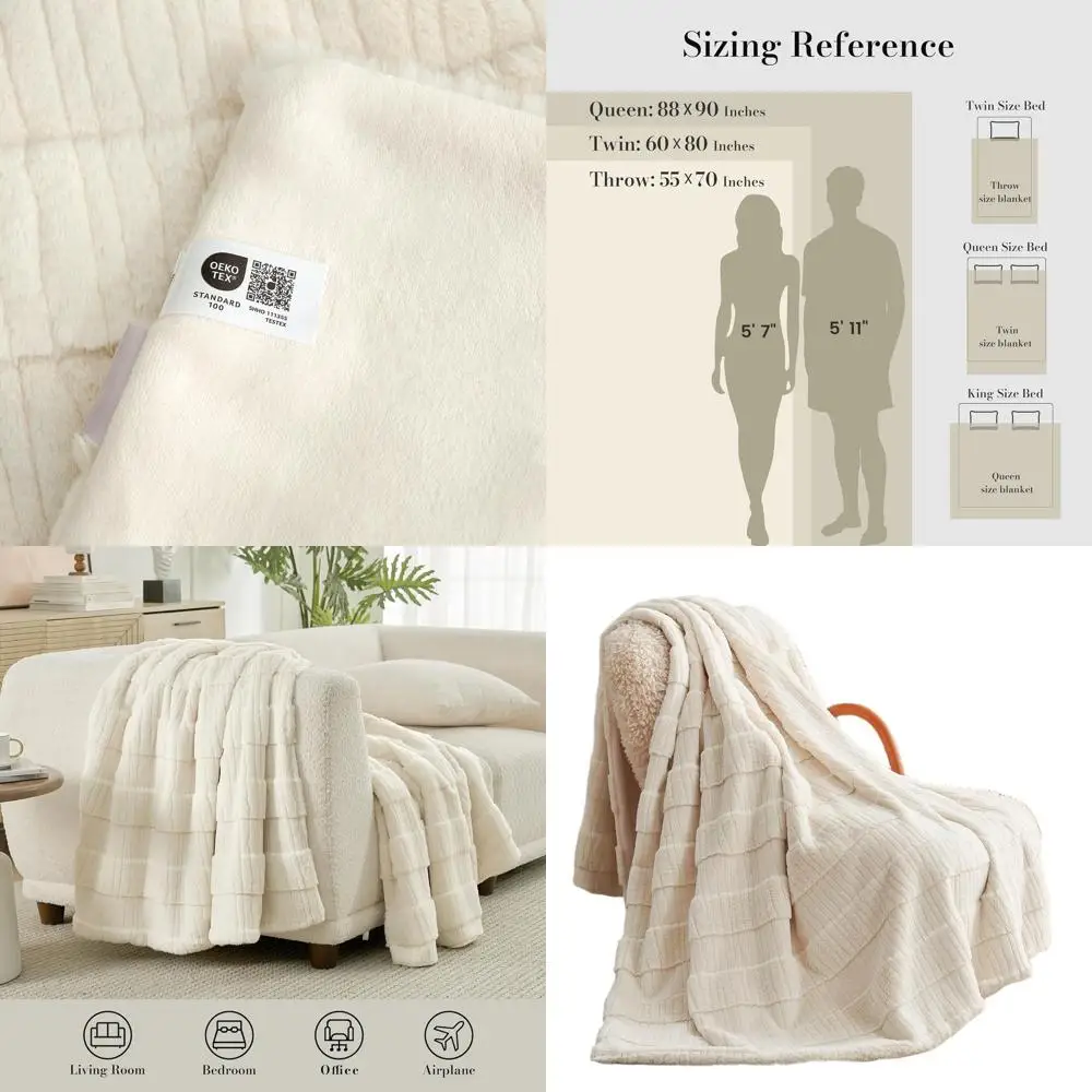 

Элегантное полосатое одеяло для дивана из искусственного меха, плюшевый уютный диван, 60x80 дюймов, цвет слоновой кости