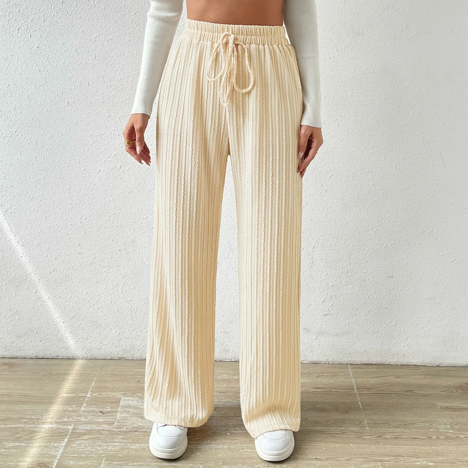 

New 2024 Knit Women's Casual Wide-leg Trousers Pants Comfortable Drawstring Sweatpants with High Waist Breathable Loose Pants