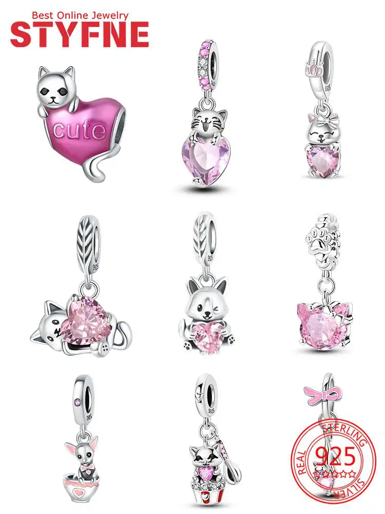 

Charms Silver 925 Pink Cat Love Heart Beads Fit Original Bracelets Beads Charms Jewelry Making Fine Jewelry Gift
