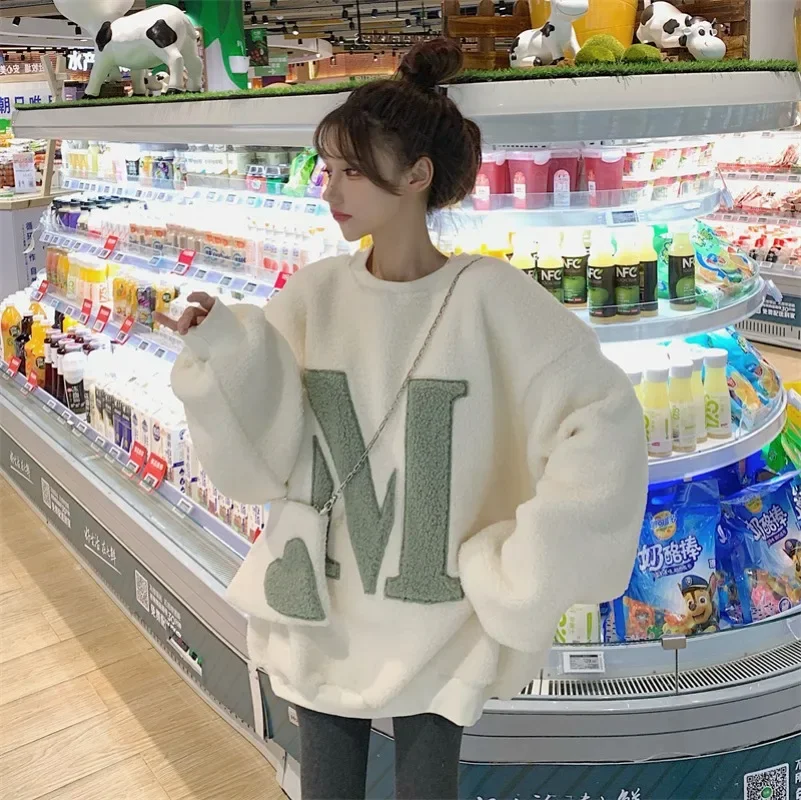 

Women Lamb Hoodies Lady Letter Sweatshirt Femal Loose Outerwear Long Pullover 2023 Spring Fall Winter Warm Clothing Y2k
