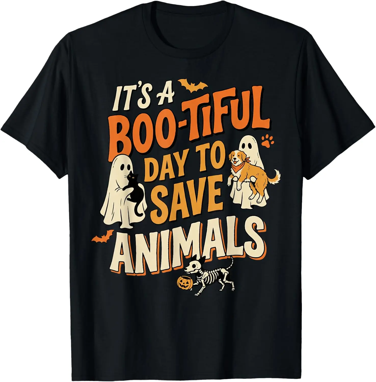 Bootiful Day To Save Animals Rescue Crew Vet Tech Halloween T-Shirt Cute Halloween Pumpkin Short-Sleeve Tee: Fun, Breathable, Pure Cotton, Stylish—Perfect for Sports, Lounging, or Casual Wear.