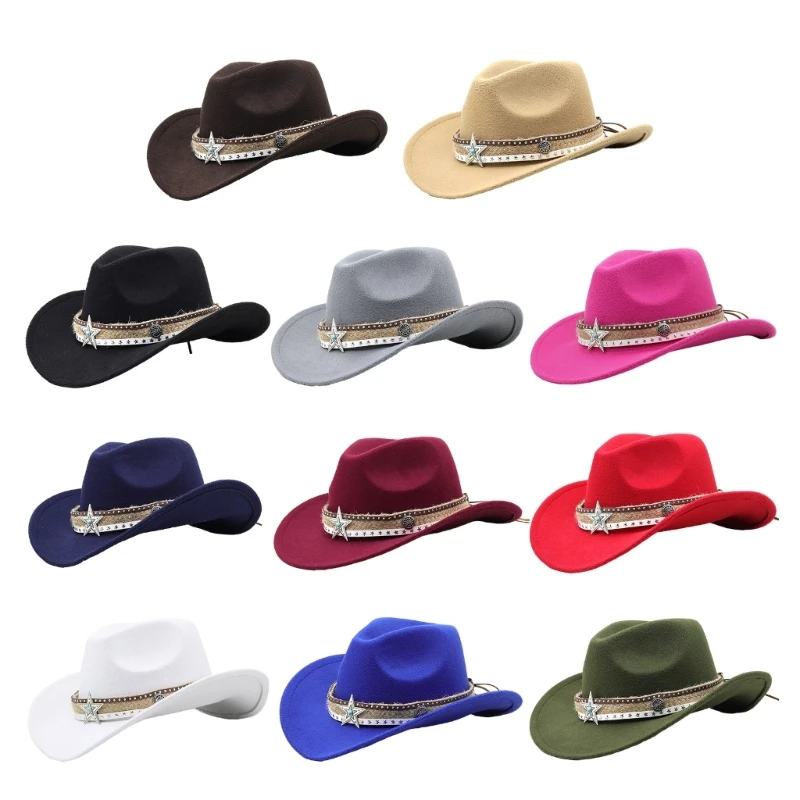 Bohemian Style Hat Rope Decor Cowboy Hat for Woman Girls Breathable Cowboy Hat Multiple Color Western Style Felt Hat