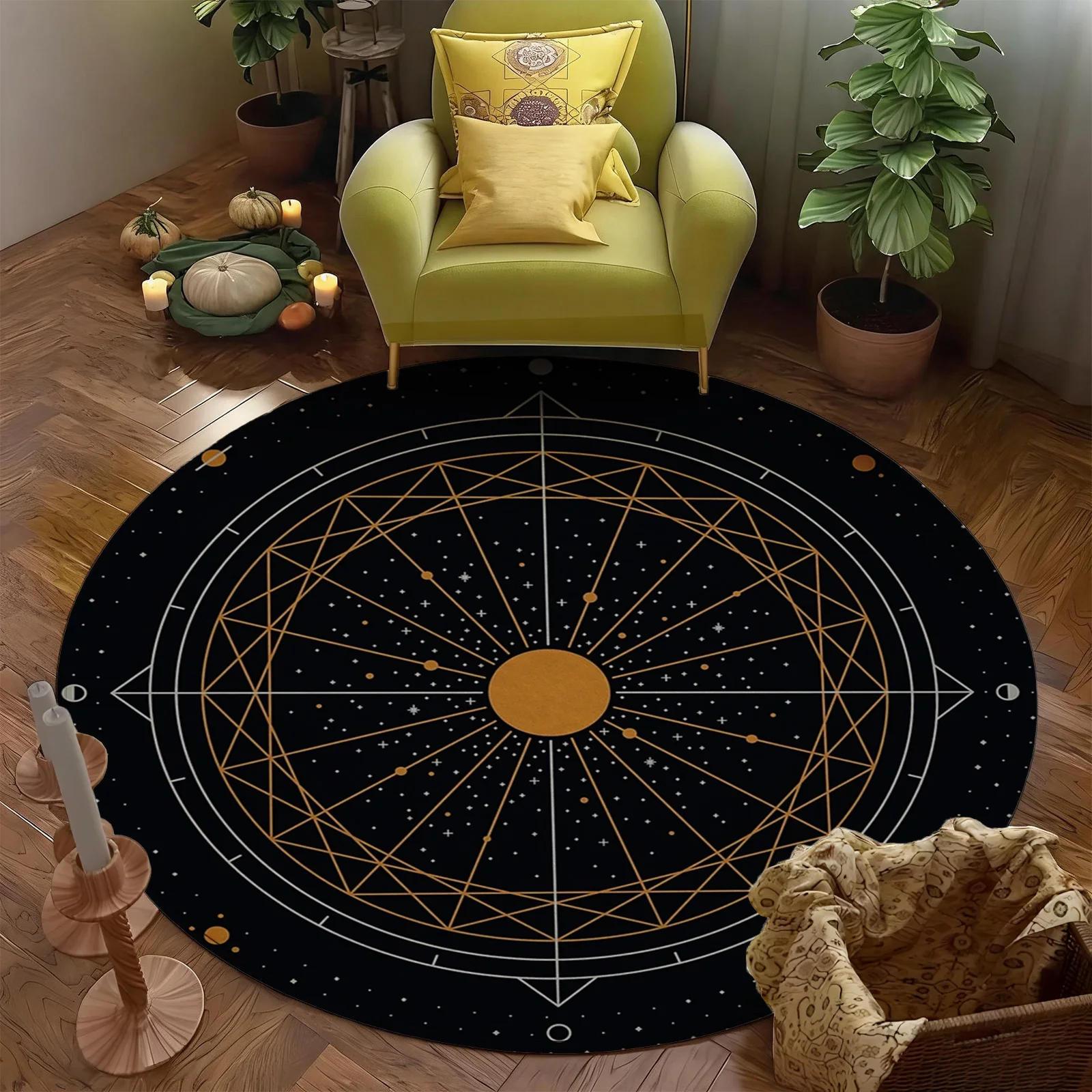 Large Round Constellation Area Rug Black Gold Star Map Celestial Astrology Zodiac Boho Space Decor Modern Living Room Carpet Mat - view 4