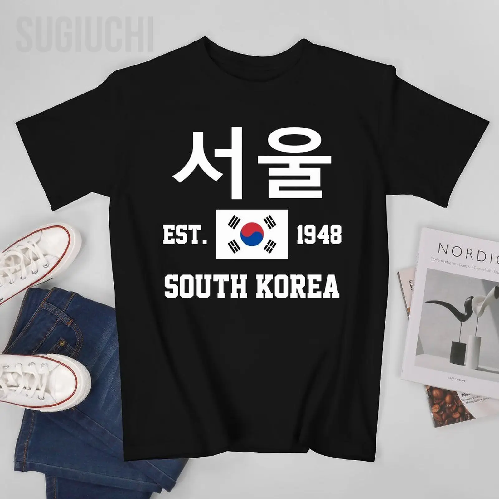 Flag of South Korea EST.1948 서울 Seoul Men Tshirt Tees T-Shirt O-neck T Shirts Women Boys Clothing 100% Cotton