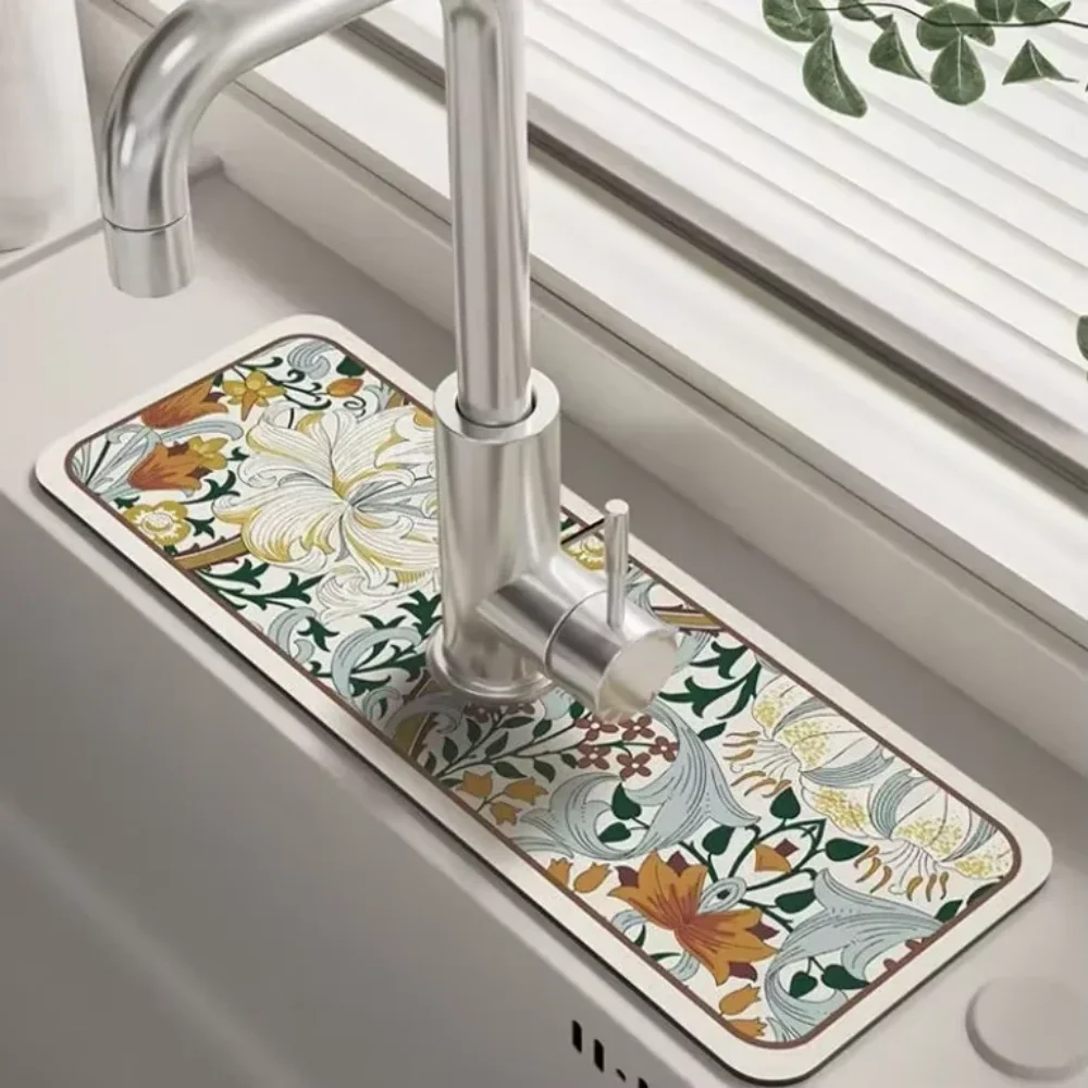 VIKAMA Luxury Floral Diatomaceous Earth Faucet Mat Water-Absorbing Sink Splash Guard Drip-Proof Bathroom Accessory Home Decor