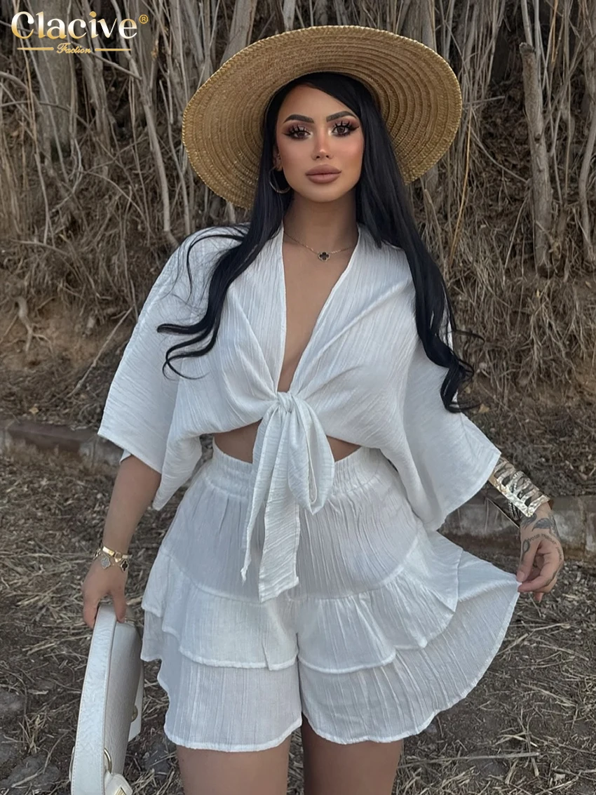 

Clacive Fashion Loose Black 2 Piece Sets Woman Outfit 2025 Summer Long Sleeve Shirt With High Waist Shorts Set Female Streetwear