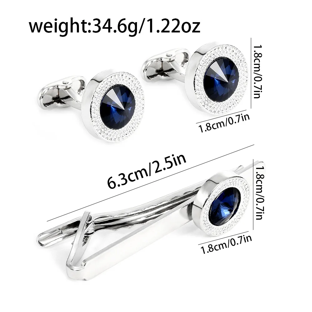 Fashionable Men's French Shirt Accessories Round Blue Crystal Cufflinks Diamond Embedded Sleeve Studs Tie Clip Wedding Gift