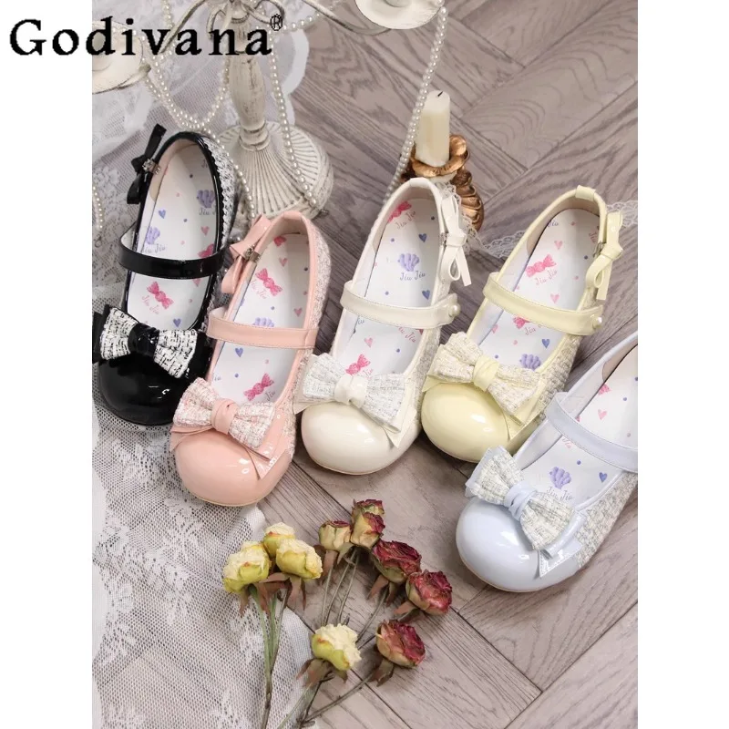 Sapatos de salto médio Lolita para mulheres, dedo do pé redondo, laço, estilo japonês, Sweet Mary Jane, sapatos de casamento Kawaii senhoras