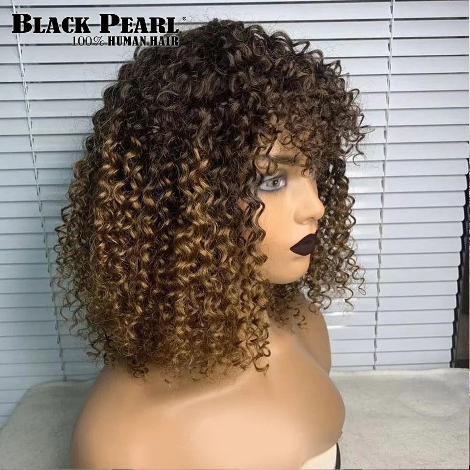 Short Bob Curly Human Hair Wigs with Bangs Pixie Cut Ombre Blonde Wig for Women Full Machine Made Hair Wigs Brown Short Bob Wig