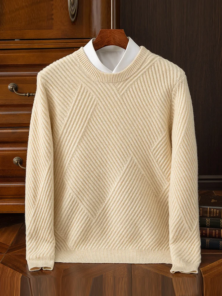 

5 Colors Optional Men's round Neck Sweater New 100% Pure Wool Woven Pattern Long Sleeve Pullover Loose Knitted Sweater