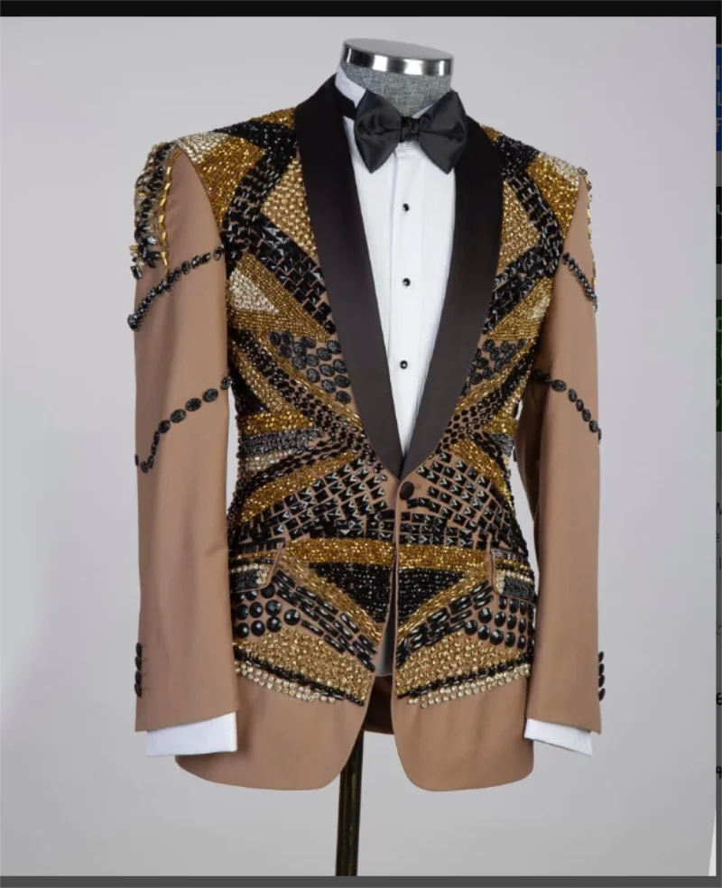 

Crystals Khaki Men Suit Set 2 Pcs Blazer+Pants Trousers Formal Office Jacket Coat Cotton Wedding Groom Tuxedo Customized Outfit