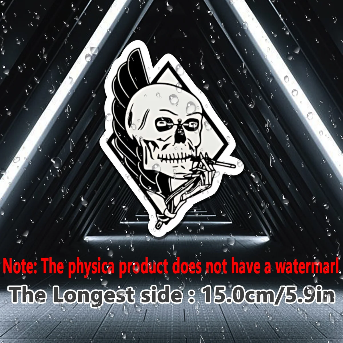 قطعة واحدة من ملصق الدراجة النارية/السيارة - جمجمة مملوءة بالحواف باللونين الأبيض والأسود، التدخين بالأجنحة -