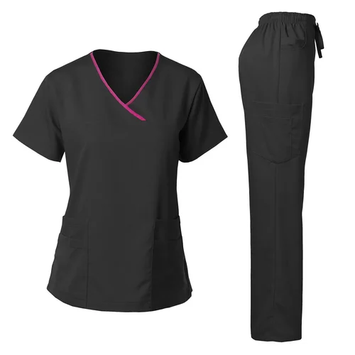 Imagen 2 del producto Uniforme médico, conjunto exfoliante de moda para mujer, pantalones elásticos suaves con cuello en Y, disfraz de médico para clínica de mascotas de Hospital, colores contrastantes