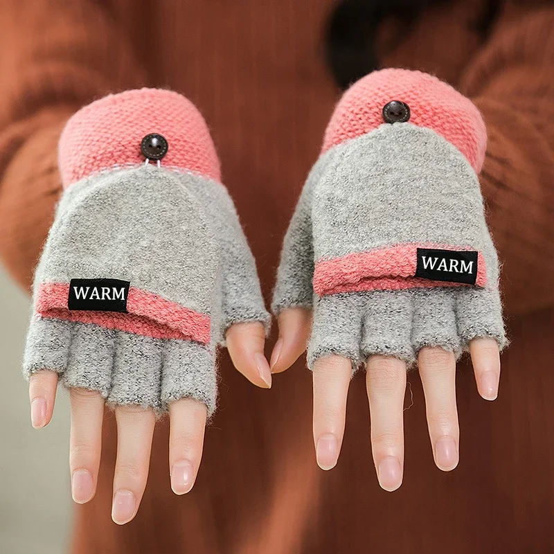 Women Knitted Flip Fingerless Gloves Exposed harf Finger Mittens Winter Warm Thickened Glove Knitting Wool Touchscreen Gloves