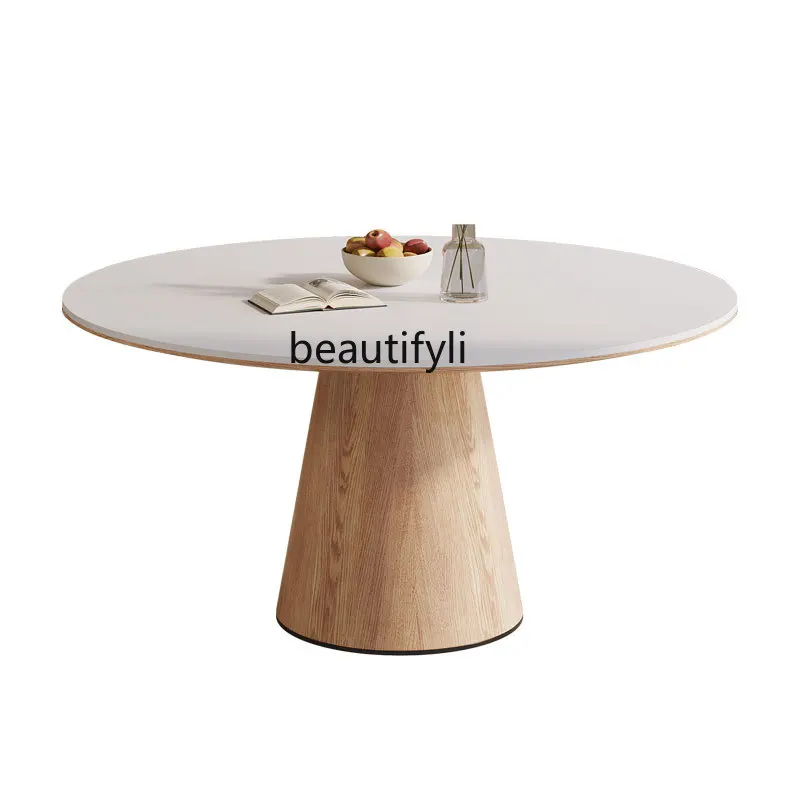 

Nordic solid wood rock slab round table modern simple household round dining table with turntable