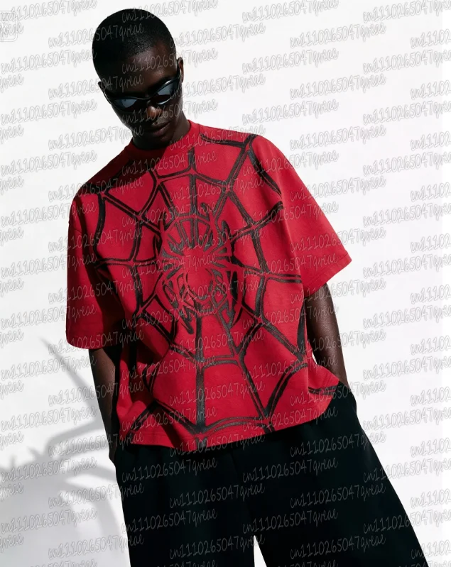 Summer 2026 Red Spider Print T-shirt Jersey Tops Men's Casual Tee Shirt Breathable  Unisex Short Sleeves Family Matching Top