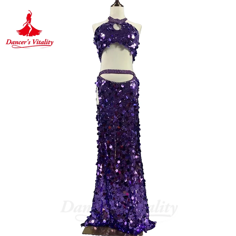 Traje personalizado de dança do ventre para mulheres, grande parte superior de lantejoulas, saia longa dividida, tamanho personalizado, adulto, criança, oriental, conjunto profissional, 2 peças