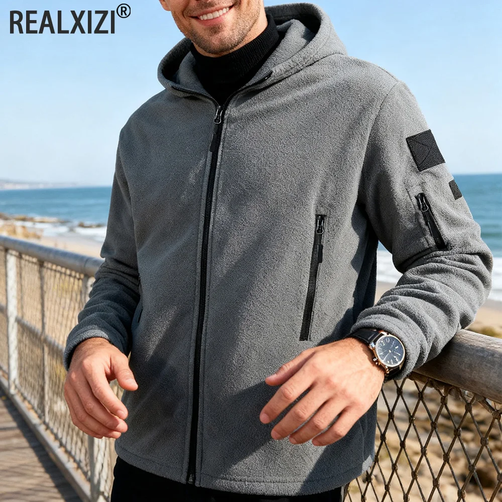 

Autumn Winter Fleece Jacket With Hoodie Mens Thermal Warm Jackets Coats Full-Zip Up Outdoor Windproof Coats Casual Sweatshirt