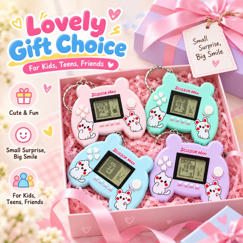 Retro Pocket Game Console Key Ring Cute Cartoon Pattern Mini Tetris Handheld Game Player Pendant Novelty Toy Gift