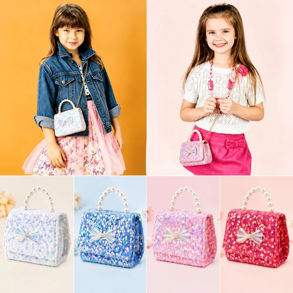 Cute Sequin Princess Crossbody Bag Glitter Pearl Handle Girls Purse Bowknot Detachable Strap Handbag