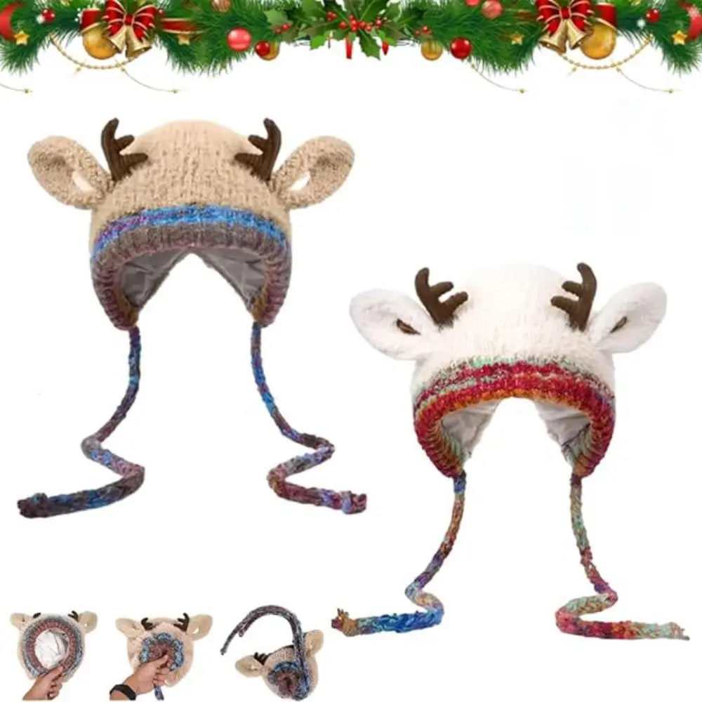 New Fur Deer Storage Hat Ear Protection Warm Knitted Deer Antler Hat Adjustable 2 In 1 Earmuffs Hat Outdoor