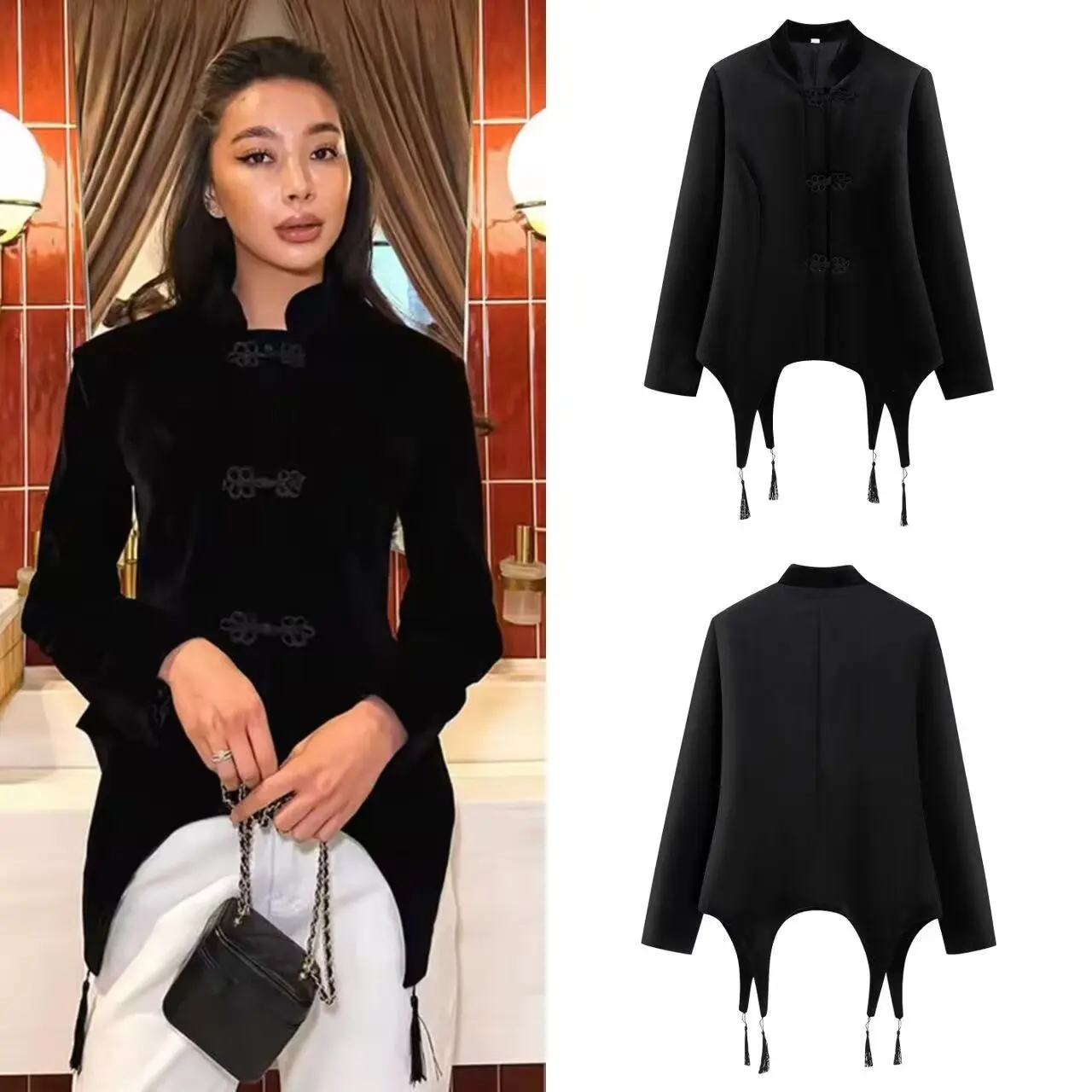 

Vintage Velvet Tassel Jacket Women Black Stand Neck Frog Button Irregular Hem Blazer Jackets Lady New Elegant Office Outwear