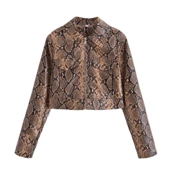 YENKYE Autumn Women Vintage Serpentine Print Faux Leather Jacket Long Sleeve Lapel Collar Female Short Motorcycle Coats