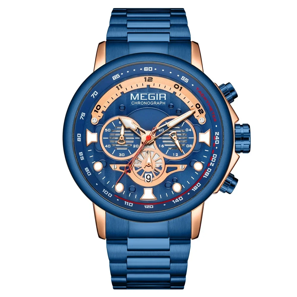 MEGIR Men's Business Chronograph Quartz Watch Stainless Steel Waterproof Luminous Analogue 24-hour Date Blue Wristwatch for Man