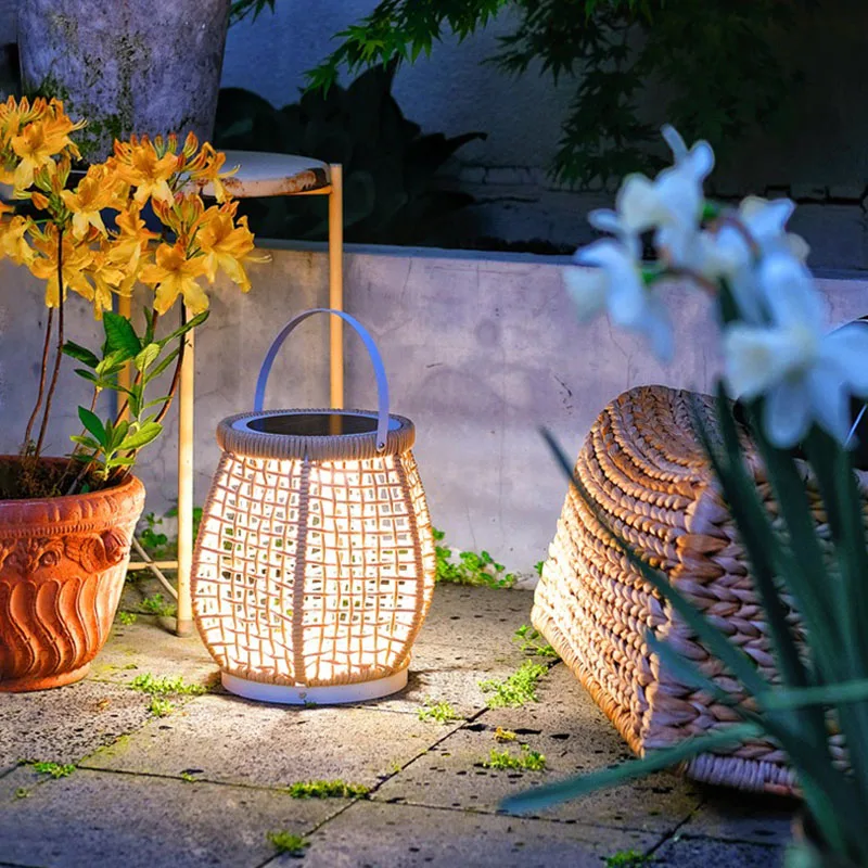 Lawn camping rattan woven portable light LED courtyard landscape floor lamp IP54 outdoor solar garden lamp